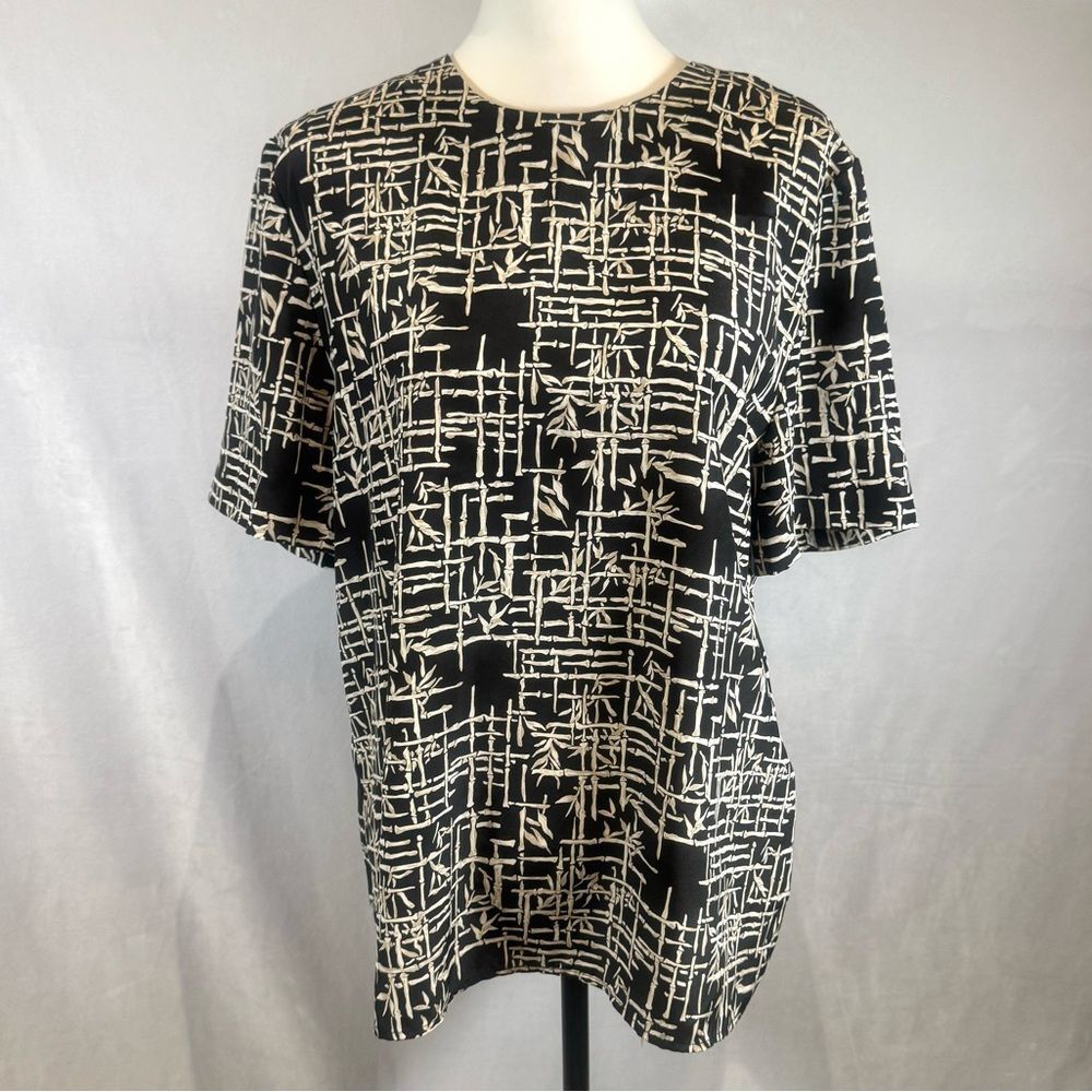 Vintage 90s Haberdashery by Leslie Fay black bamboo print top size 12